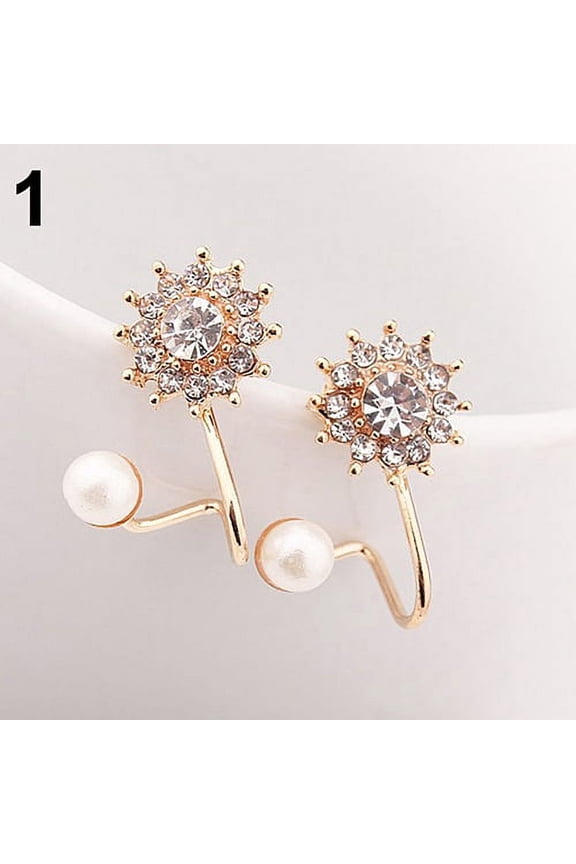 Women Sweet Faux Pearl Rhinestone Snowflake Ear Stud Earrings Jewelry Charm Alloy, Rhinestone, Faux Pearl Gold