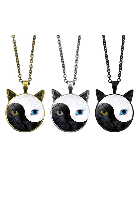 Women Tai Chi Yin Yang Cat Glass Pendant Necklace Sweater Chain