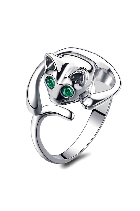 Women's Animal Cat Shape Rhinestone Adjustable Open Finger Ring Alloy, Rhinestone Green