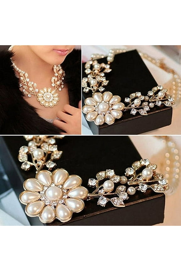 Women's Elegant Pearl Rhinestone Flower Bib Collar Necklace Choker