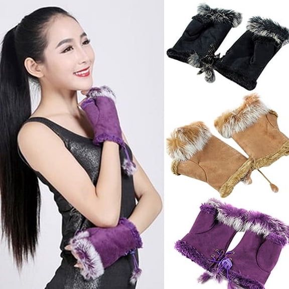 AYYUFE Women\'s Fashion Winter Warm Imitation Rabbit Hair Faux Leather Fingerless Gloves