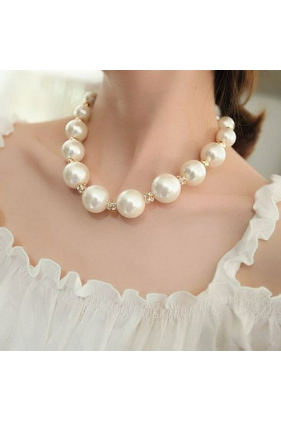 Women's Gorgeous Big Pearl Rhinestone Bib Statement Chain Necklace