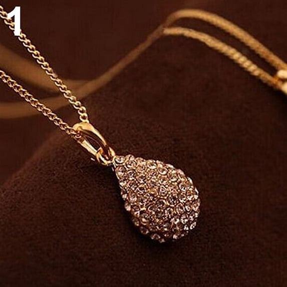 AYYUFE Women's Shiny Rhinestone Waterdrop Pendant Long Chain Sweater Necklace Alloy, Rhinestone Gold