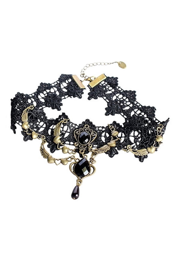Women\'s Vintage Gothic Steampunk Choker Lace Heart Wing Teardrop Collar Necklace Alloy, Lace, Faux Stone Black