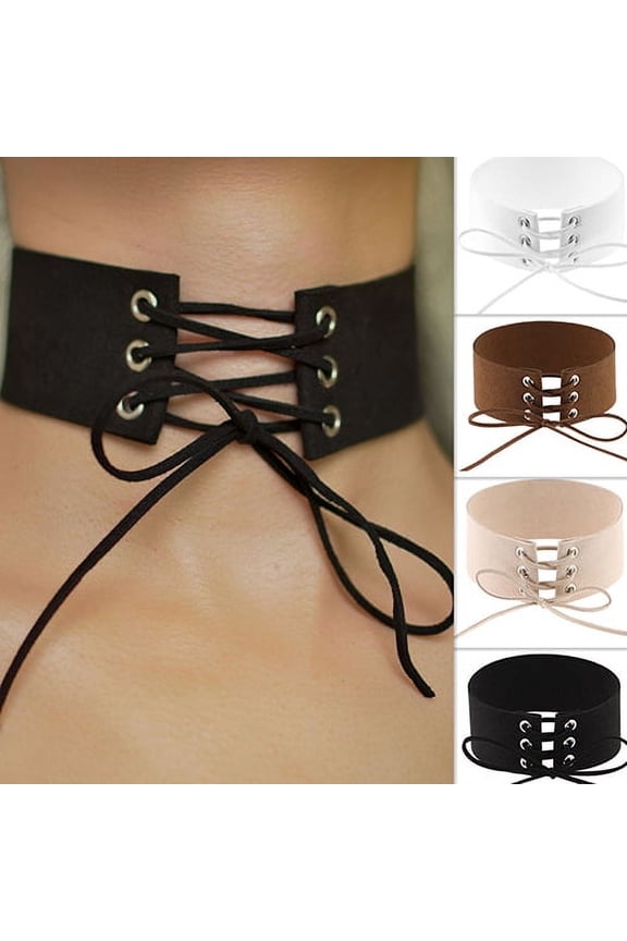 Women's Vintage Punk Gothic Lace Up Suede Wide Choker Short Necklace