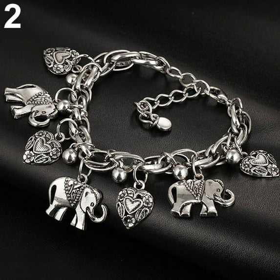 AYYUFE Women's Vintage Unique Carved Heart Elephant Shiny Pendant Bracelet Bangle Alloy Silver