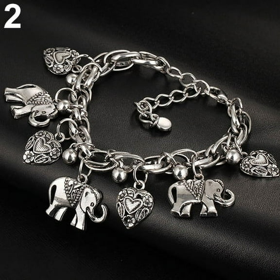 AYYUFE Women's Vintage Unique Carved Heart Elephant Shiny Pendant Bracelet Bangle Alloy Silver