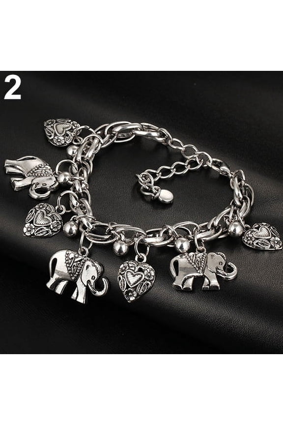 Women's Vintage Unique Carved Heart Elephant Shiny Pendant Bracelet Bangle Alloy Silver