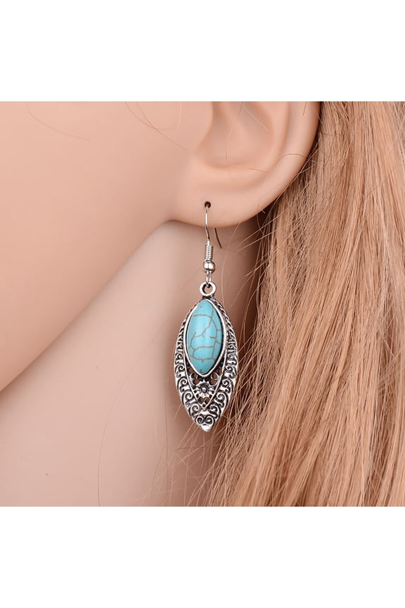 's Women Bohemian 2.05 Inch Turquoise Openwork Carved Drop Dangle Hook Earrings