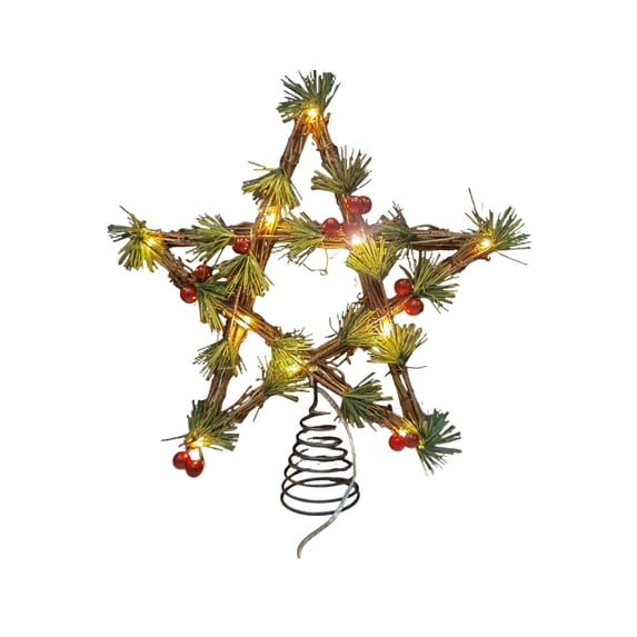 AYktou 10×11 Inch Christmas Tree Toppers with LED Light, Ironwork Glowing Christmas Tree Top Star with Pinecones Bows Accessories, Hollowed Pentagram Christmas Decorations Tree Topper Star, Green