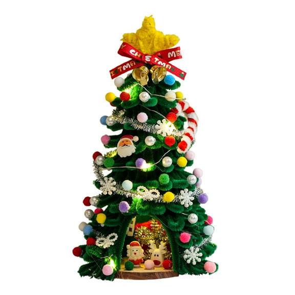 AYktou 10 Inch Handmade DIY Mini Christmas Trees Material with 20-LED String Light, Desktop Small Christmas Tree Colorful Twisties Sticks, Tabletop Ornaments for Living Room Bedroom Cabinet, Green