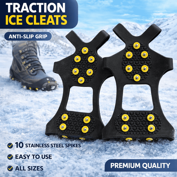 AYktou 10-Tooth Ice Cleats Crampons for Shoes Boots - Anti-Slip Snow Traction Spikes S-XL, Manganese Steel Winter Walking Ice Grips for Hiking, Fishing, Running on Ice & Snow (1 Pair Black)