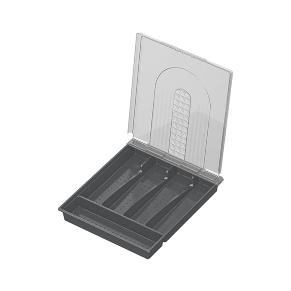 AYktou 11×13 Inch Silverware Organizer for Drawer with Lid, Kitchen Cutlery Organizer Flatware Storage Box Desktop Drawer Spoon Fork Chopsticks Holder Case 5-Compartments Draining Trays, Gray