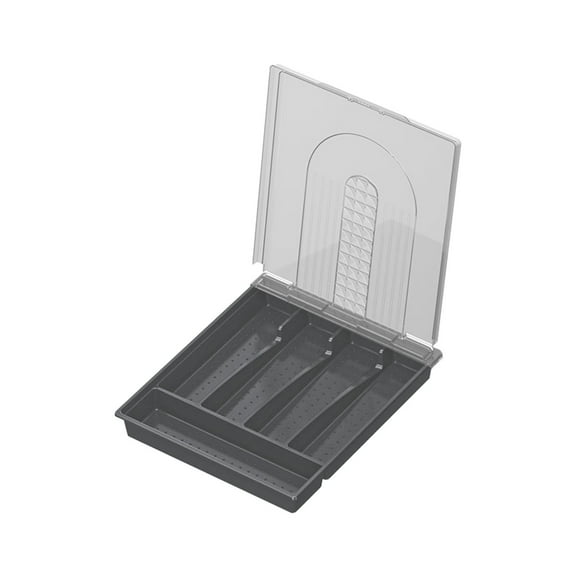 AYktou 11×13 Inch Silverware Organizer for Drawer with Lid, Kitchen Cutlery Organizer Flatware Storage Box Desktop Drawer Spoon Fork Chopsticks Holder Case 5-Compartments Draining Trays, Gray