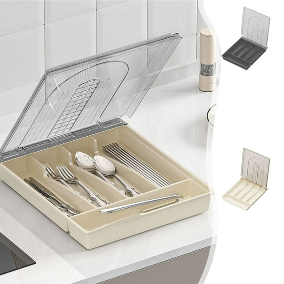 AYktou 11×13 Inch Silverware Organizer for Drawer with Lid, Kitchen Cutlery Organizer Flatware Storage Box Desktop Drawer Spoon Fork Chopsticks Holder Case 5-Compartments Draining Trays, Beige