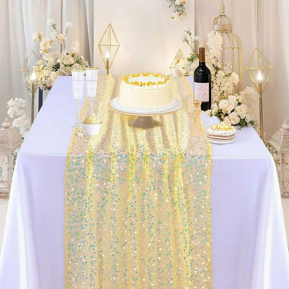 AYktou 12×72 Inch Table Runner, Dazzling Sequin Table Runner Glitter Long Tablecloth Table Decoration for Winter Summer Holiday Wedding Birthday Party Christmas Dining Table Home Layout, Yellow
