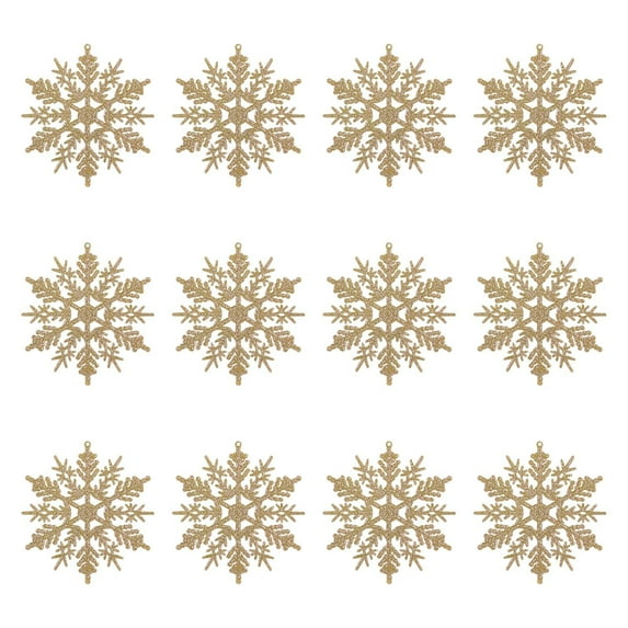 AYktou 12 Pcs Christmas Tree Snowflakes Decorations, Glittering Golden Hollow Snowflake Winter Xmas Tree Ornaments Pendant, Multiple Styling Hanging Snowflakes for Indoor Home Window Room Decor