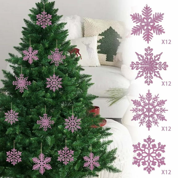 AYktou 12 Pcs Christmas Tree Snowflakes Decorations, Glittering Pink Hollow Snowflake Winter Xmas Tree Ornaments Pendant, Multiple Styling Hanging Snowflakes for Indoor Home Window Room Decor