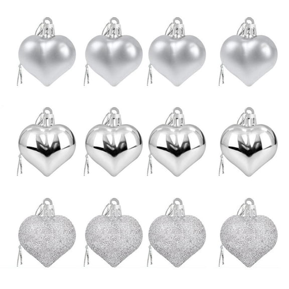 AYktou 12 Pcs Valentine's Day Heart Ornaments Balls, 1.8 Inch Christmas Tree Hanging Ornaments 3 Styles Combined Heart Shaped Baubles Pendant for Wedding Anniversary Mother's Day Decorations, Silver