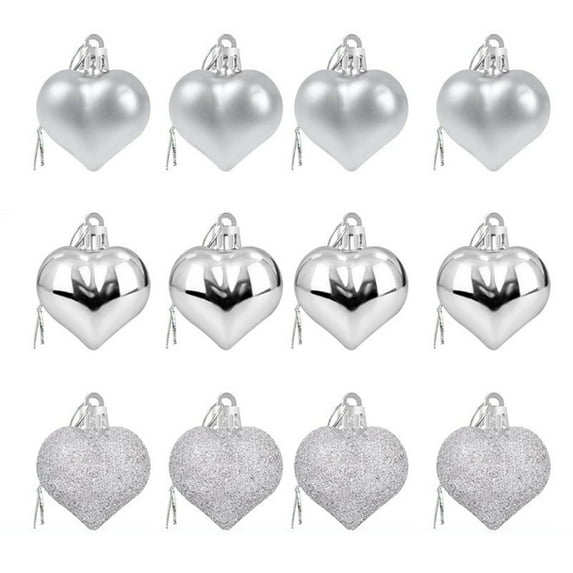 AYktou 12 Pcs Valentine's Day Heart Ornaments Balls, 1.8 Inch Christmas Tree Hanging Ornaments 3 Styles Combined Heart Shaped Baubles Pendant for Wedding Anniversary Mother's Day Decorations, Silver