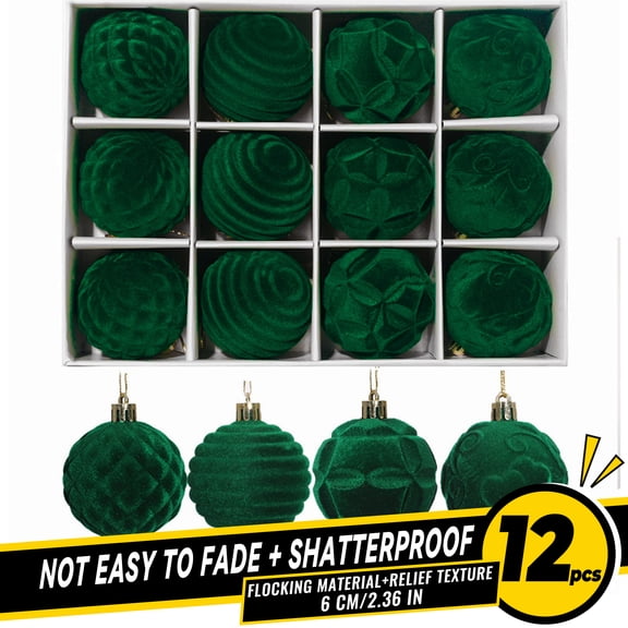 AYktou 12pcs Christmas Ball Ornaments Set 2.36in Boxed Plastic Velvet Christmas Ornaments Various Shapes Flocking Christmas Tree Pendant for Christmas Tree Decoration