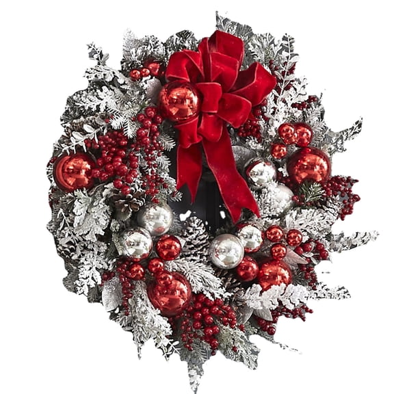 AYktou 13.77*13.77in Christmas Wreaths for Front Door Red Silver Ball and Leaves Snowflakes Wreaths Christmas Spruce Wreath for Xmas Indoor Outdoor Home Decer Thanksgiving Decorations