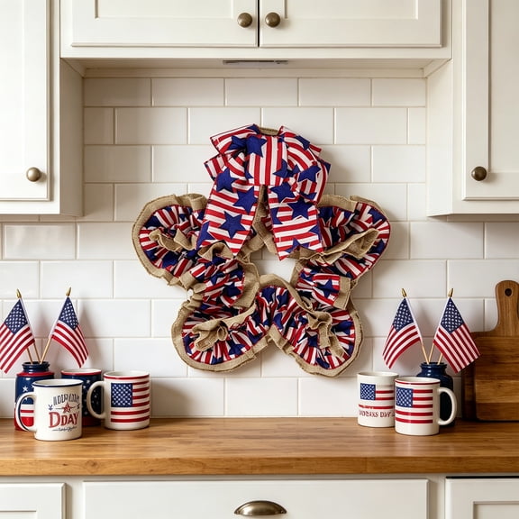 AYktou 13 Inch 4th of July Decor Wreath for Front Door, Patriotic Decor Burlap Star Wreaths, Red White Blue Star Stripes USA 250th Anniversary Door Hanging Decorations Memorial Day Home Decor