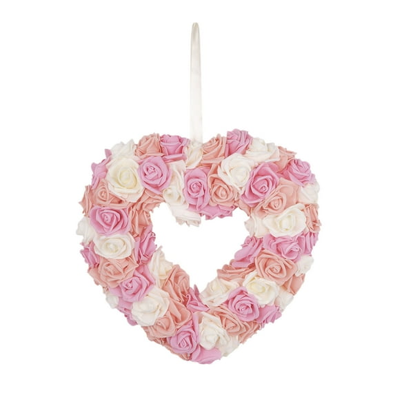 AYktou 14.17" Hearts Shaped Wreath Floral Roses Artificial Garland Door Hanger Pink Flower Wreath for Home Wedding Valentine's Day Decoration