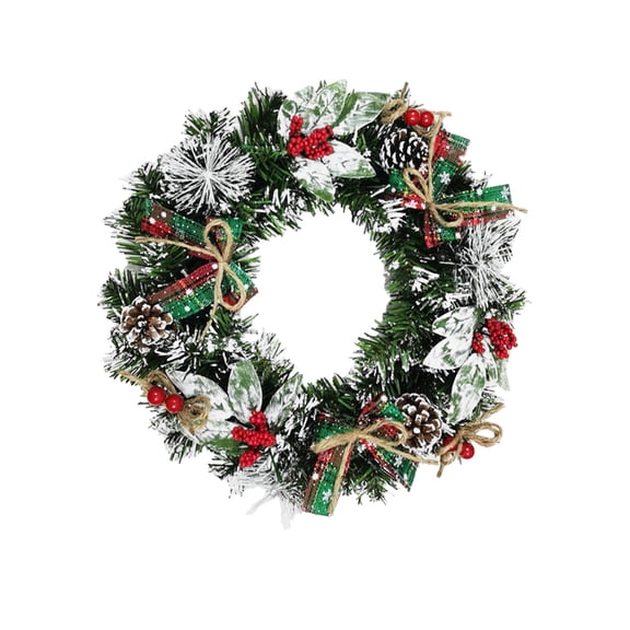AYktou 14 Inch Christmas Wreath for Front Door, Artificial Pines Needle Snow Wreaths with Bowknot Pinecones Berries, Door Hanging Round Garlands for Home Wall Window Christmas Decor