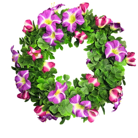 AYktou 14 Inch St. Patrick's Day Wreaths, Artificial Flower Morning Glories Shamrock Clover Door Hanging Ornaments Spring Wreaths for Indoor & Outdoor Decoration Wall Fireplace Holiday Decor