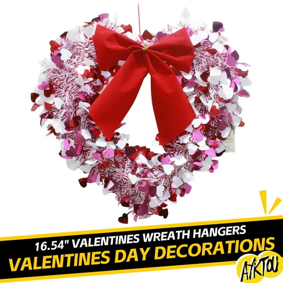 AYktou 16.54" Valentines Wreath Hangers for Front Door,Tinsel Hearts Wreath for Indoor Outdoor Decorations,Valentines Day Wreath Pink Hearts Shaped Wreath Sign Wall Hanging Decor