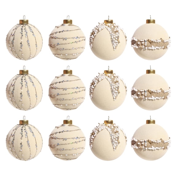 AYktou 12 Pcs Christmas Balls, Glittering Flocking Hanging Ball with Small Trinkets Beads Christmas Tree Decor Ornaments Pendants for Festival Living Room Window Decoration Theme Arrangement, Beige