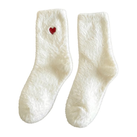 AYktou 1Pair Heart Pattern Fuzzy Socks, Valentine's Day Thickened Cute Socks Household White Puffy Socks Fall & Winter Warm Cozy Sleeping Floor Socks Breathable Mid-Calf Socks for Women