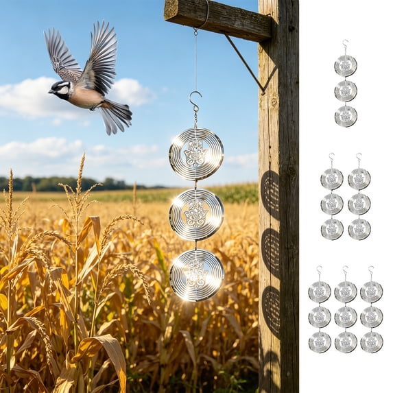 AYktou 1Pc Bird Scare Discs Set, Bird Deterrents for Outside Stainless Steel Wind Spinners, 4×17.7 inch Hanging Reflective Mirror Wind Chime Garden Screw Noisemaker Scaring Bird for Tree Patio Yard