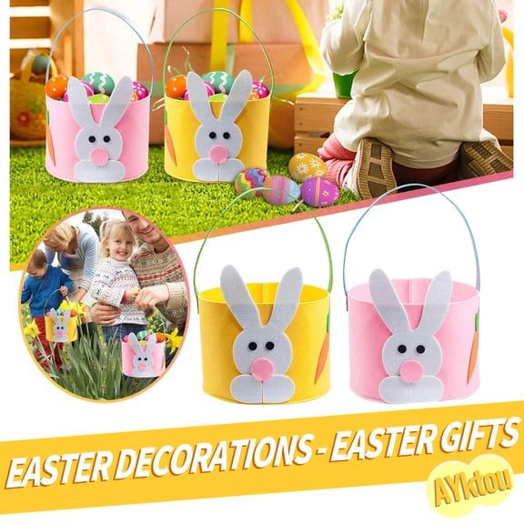 AYktou 1Pcs Bunny Easter Baskets for Kids,Cute Felt Rabbits Tote Bags with Handle,Easter Gift Bags for Easter Eggs Hunting Party Supplies Easter Decorations