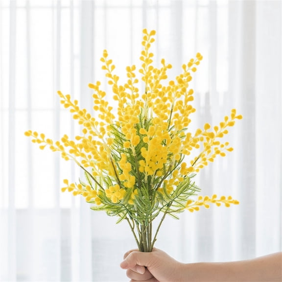 AYktou 1pcs Artificial Albizia Julibrissin Fake Acacias Yellow Flowers Mimosa Leaves Flocking Plants for Home Garden Tables Decor Photography Decoration