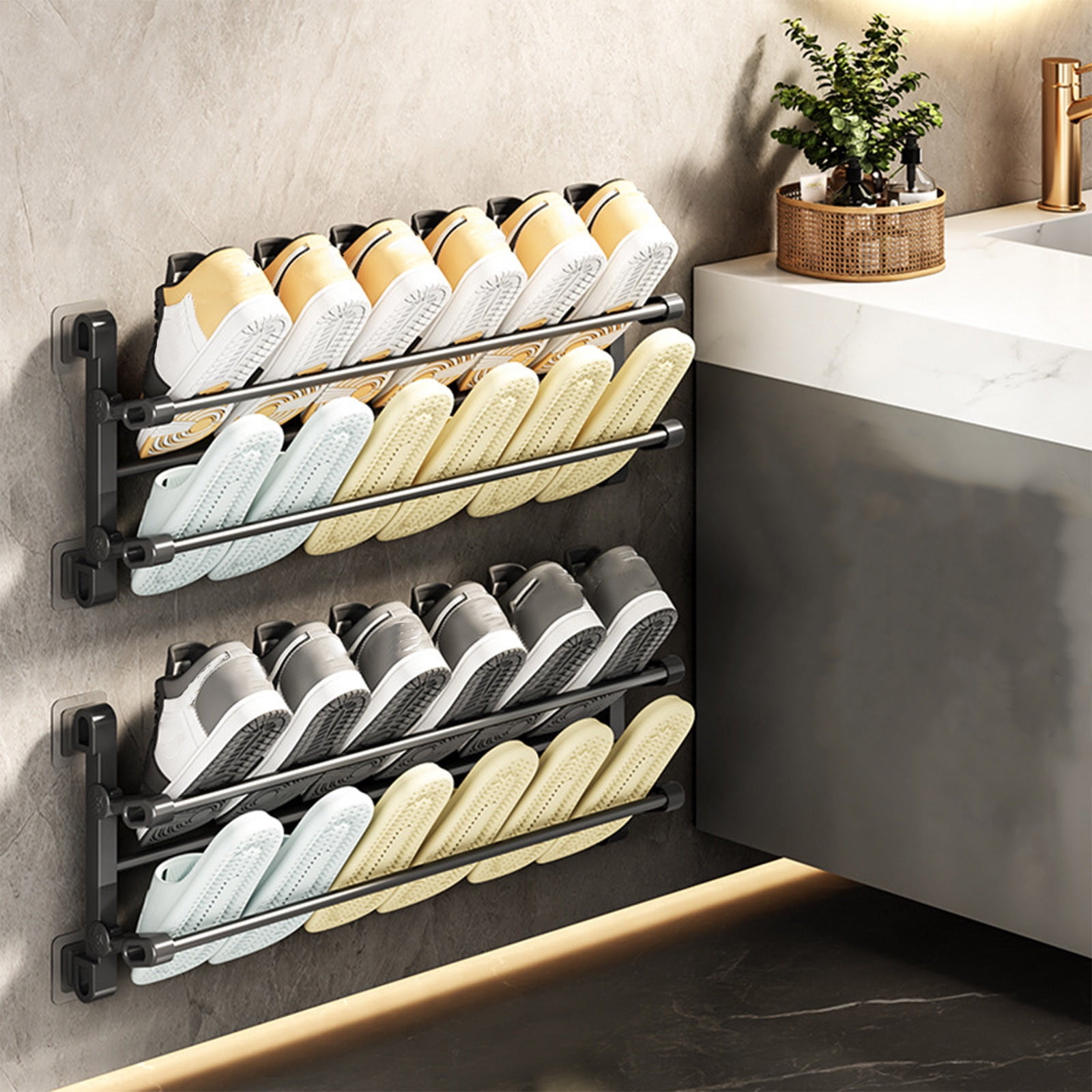 Shoes Rack Sticker AYktou 20 Inch 2-Tier Foldable Shoe Rack, Non Perforated Slipper Rack ...