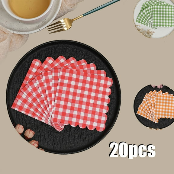 AYktou 20 Pcs Fall Plaid Napkins, Scalloped Lace Napkins Paper Meals Dessert Beverage Napkin Dining Table Supplies for Birthday Wedding Party Decor Halloween Thanksgiving Decoration, 5×5 Inch, Red