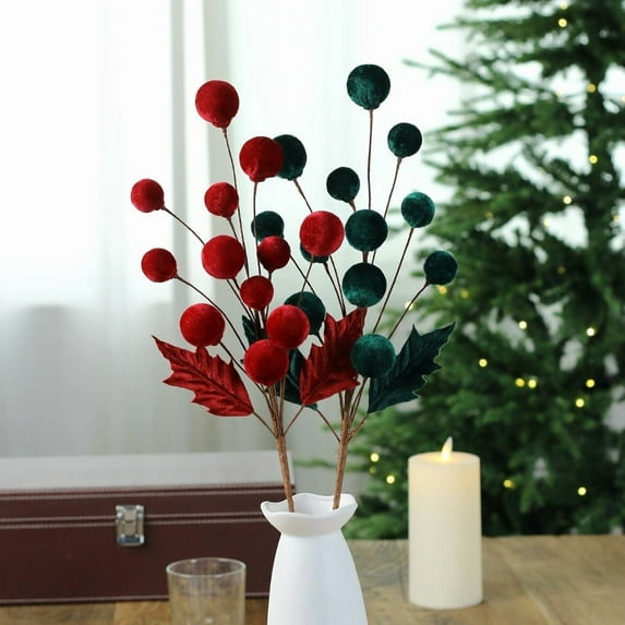 AYktou 21 Inch Christmas Artificial Flowers, Velvet Balls Fake Flowers with Branches, Elegant Unique Flower Arrangement Vase Layout, Christmas Plants for Living Room Dining Table Home Decor, Wine