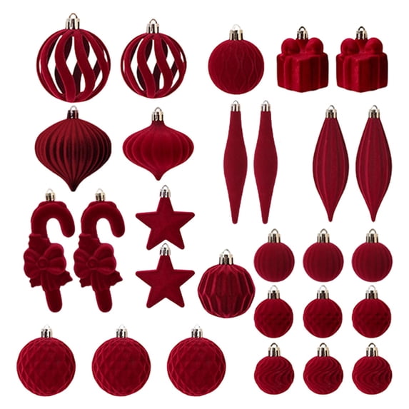 AYktou 28 Pcs Velvet Christmas Balls Ornaments, Multiple Types Flocked Christmas Ball Set Hollow Ball Gift Box Pendant Star Hanging Ball Spindle Ball Ornaments for Christmas Tree Xmas Decor, Wine