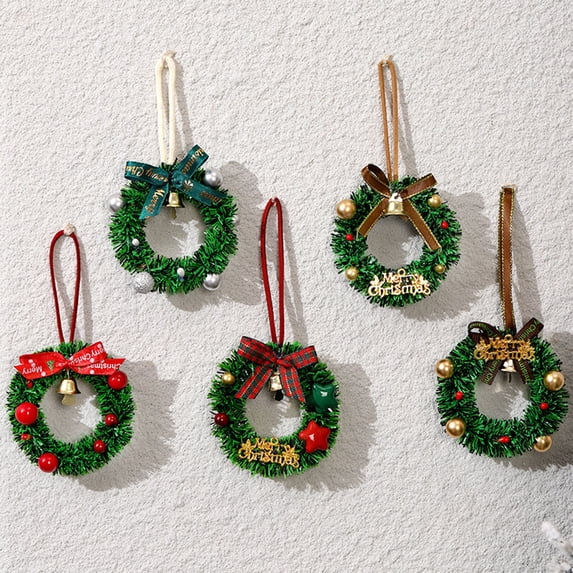 AYktou 3.2 Inch Christmas Mini Wreath, Small Bells Pines Cones Bow Hanging Vines Plastic Round Garland Car Pendant Hanging Ornaments for Christmas Tree Decorations Home Walls Window Door Decor