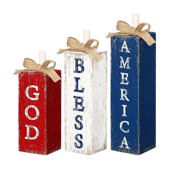 AYktou 3 Pcs 4th of July Wooden Candle Holders Set, 250th Anniversary Independence Day Red White Blue Star Candlestick with Jute Bow, Patriotic Table Centerpieces Tabletop Sign Indoor Home Decor