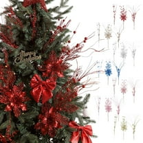 AYktou 3 Pcs Christmas Fake Flowers, Glittering Artificial Christmas Flowers Christmas Tree Berries Flower Beards Cuttings Set, Bouquet Flower Arrangement for Vase Christmas Tree Decor, Red