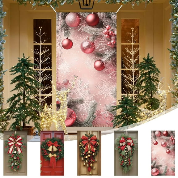 AYktou 35×71 Inch Christmas Door Covers - Christmas Wreath Christmas Bell Christmas Ball Pattern Door Curtain Festival Party Decoration Door Cover Wall Cover Christmas Decorations