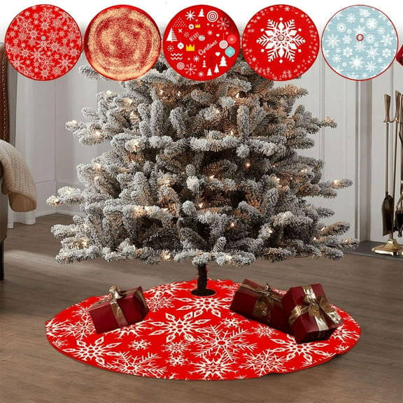 AYktou 35 Inch Christmas Tree Skirts, Christmas White Snowflake Pattern Xmas Tree Mats Christmas Tree Bottom Decoration Delicate Print Red Tree Shirt Christmas Tree Collar for Festival Indoor Decor