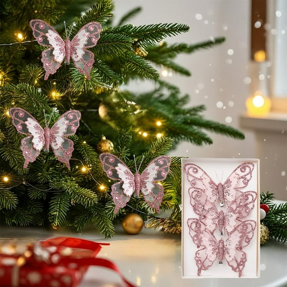 AYktou 3Pcs Christmas Tree Butterflies Decorations, Simulation Butterflies Glitter Hollow Hanging Ornaments with Clips Decorative Props for Hanging Wall Holiday Gift Box Xmas Tree Decoration, Pink