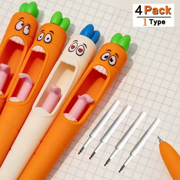 AYktou 4 Pcs Carrot Shaped Gel Pens, Funny Press-Type 0.5mm Black Gel Ink Pens Comfortable Writing Pens Replaceable Gel Ink Fun Screaming Carrot Ink Pen for Home and Office Supplies