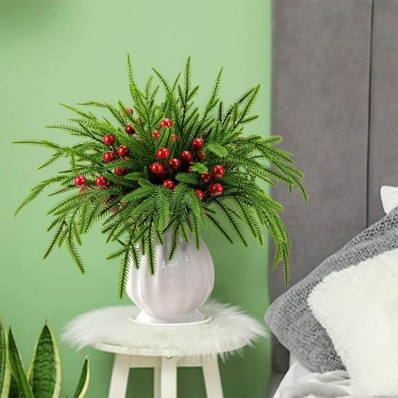 AYktou 4 Pcs Christmas Artificial Plants, 2 Christmas cypresses Needles and 2 Red Berries Fake Flowers DIY Wreath Vase Flower Arrangement Ornaments for Windowsill Living Room Christmas Decoration