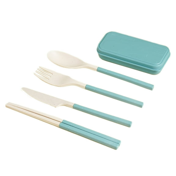 AYktou 4-Piece Set Portable Cutlery- Travel Wheat Straw Tableware Set Box Including Fork Spoon knife Chopsticks with Case, Cute Camping Cutlery Lunch Flatware for Office Work Picnic, Light Blue