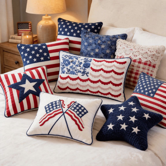 AYktou 4th of July Bed Pillows, 15 Inch Cotton Independence Day Sleep Pillow Throw Pillow, USA Flag Embroidery Lumbar Pillow Cushion Comfortable Patriotic Couch Pillows for All Seasons Home Decor